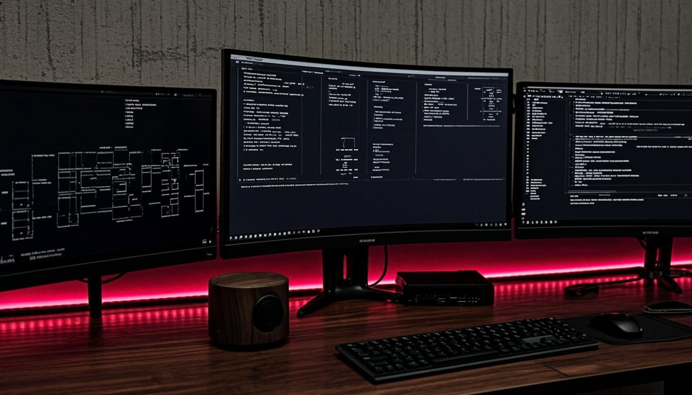 Engineering workspace at night — monitors, amber lamp, red status LEDs