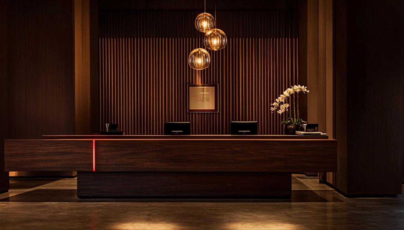 StaySuite running at a modern hotel front desk at night