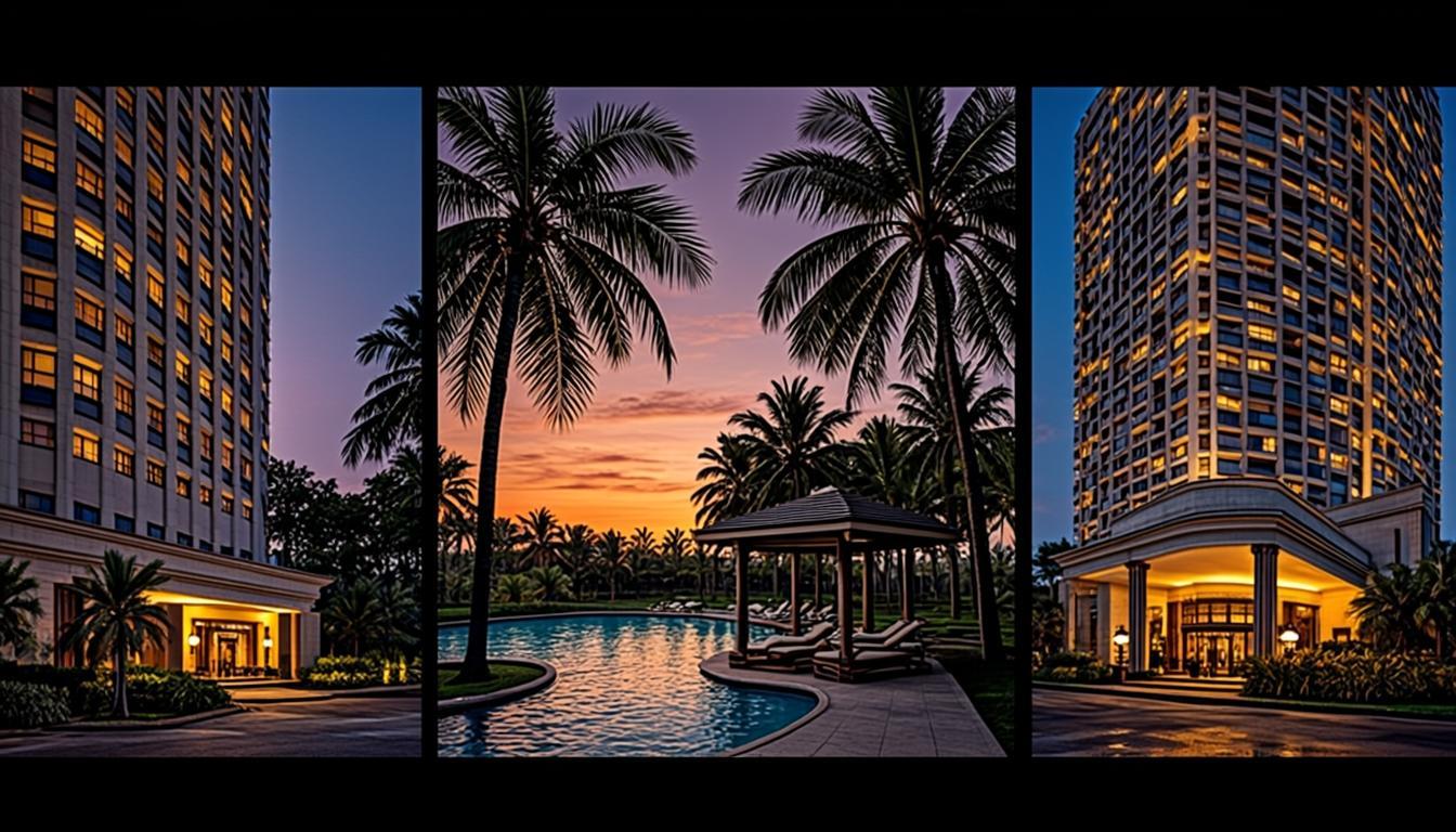 Hospitality diversity — boutique hotel, tropical resort, and chain hotel tower