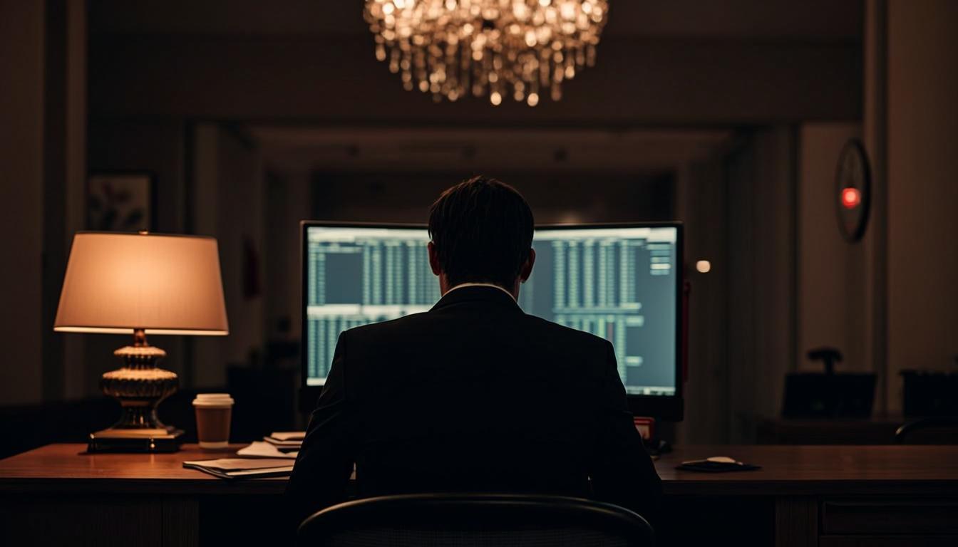 Hotel front desk during the 2 a.m. night audit — lone agent, glowing dashboard, empty lobby