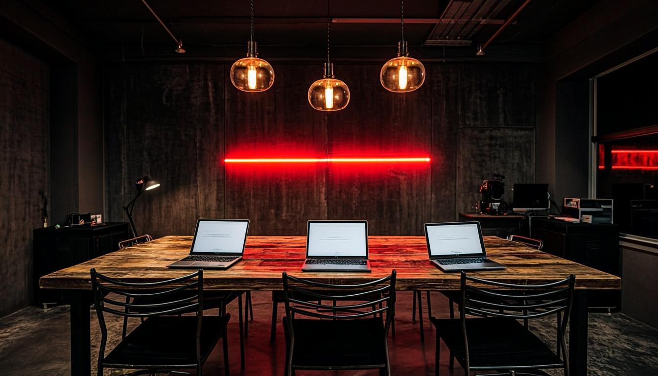 CRYPTSK engineering office at night — communal table, amber pendants, red neon accent